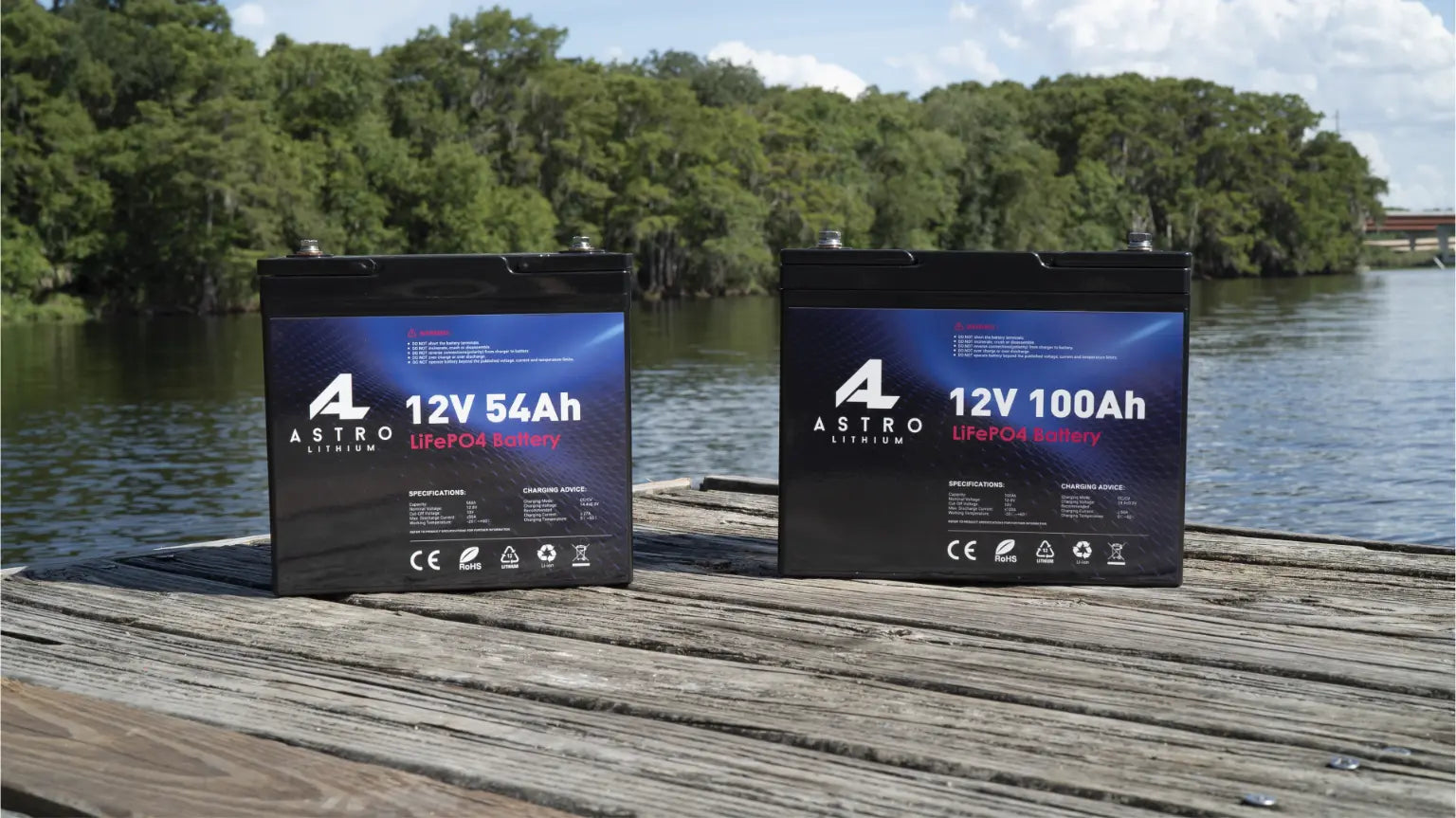 Image of two Astro Lithium Batteries on a dock.