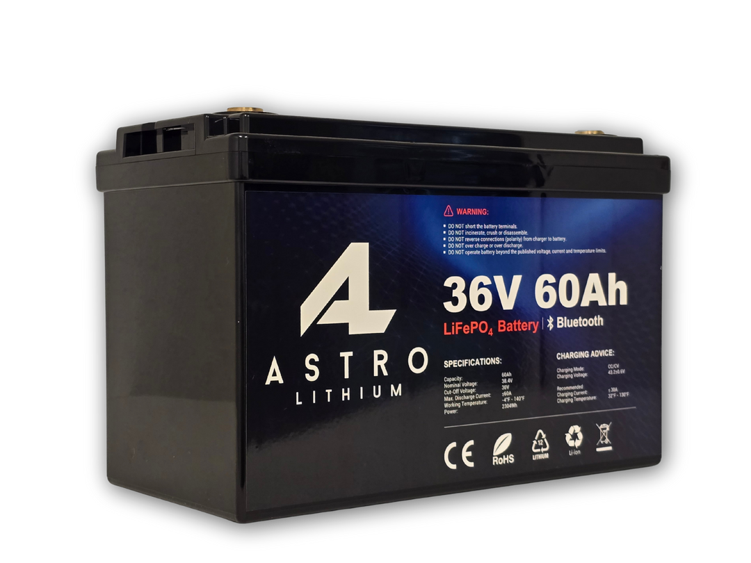 An Astro Lithium 36V 60Ah LiFePO4 bluetooth lithium battery designed heavy duty applications. Ideal for tolling motors and golf carts.